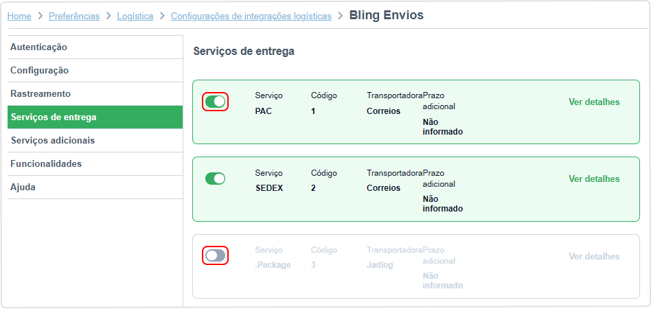Tela de configuração do Bling Envios, com os serviços de entrega PAC e SEDEX