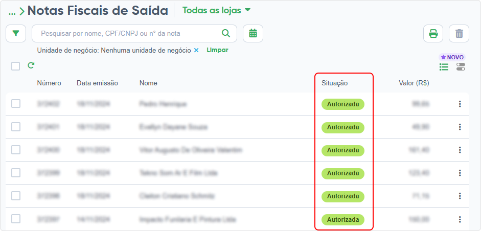 Tela Notas Fiscais de Saída do Bling, com as notas na situação Autorizada