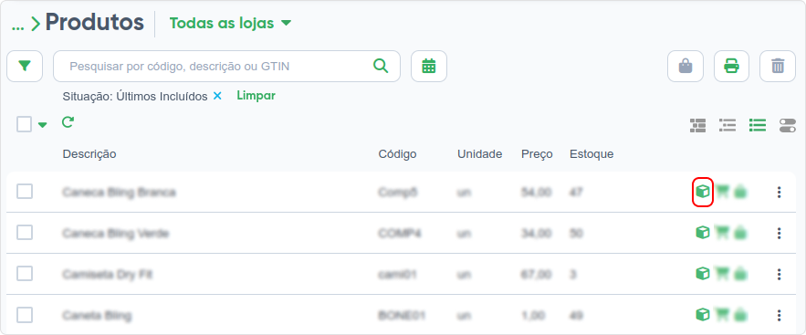 Lista de produtos do Bling com código, unidade, preço e saldo de estoque