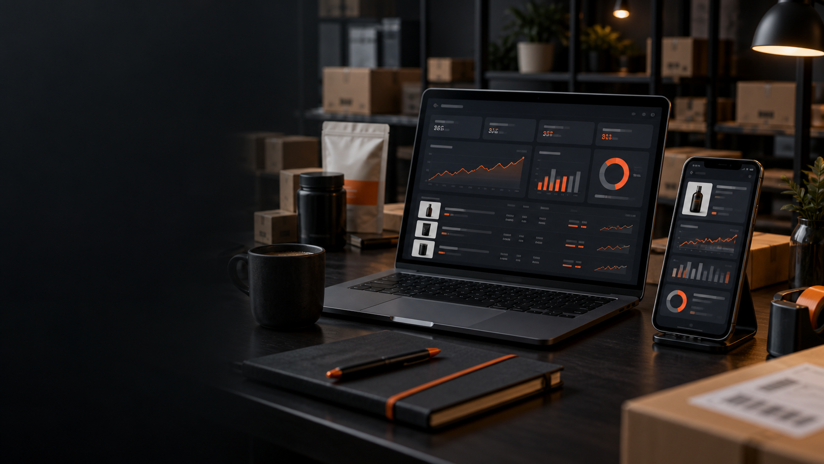 Notebook e celular exibindo uma visão de campanhas de marketplace e rentabilidade em uma operação de expedição.